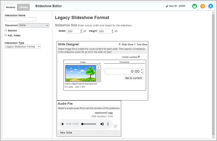 Slideshow interaction editor window: Legacy Slideshow Format: Renderer tab